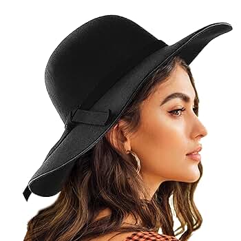 IZUS Womens Wide Brim Fedora Cap Classic-Black Wool Ribbon